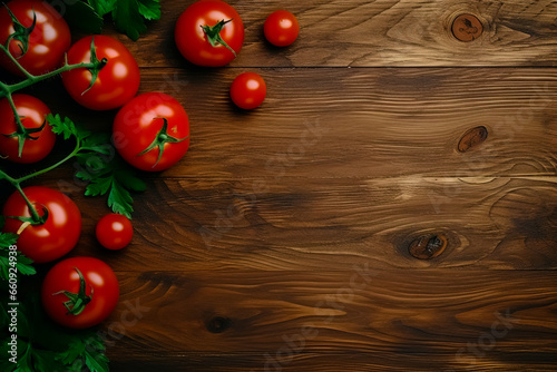 Wooden bottom with tomatoes. Top view. Generative AI