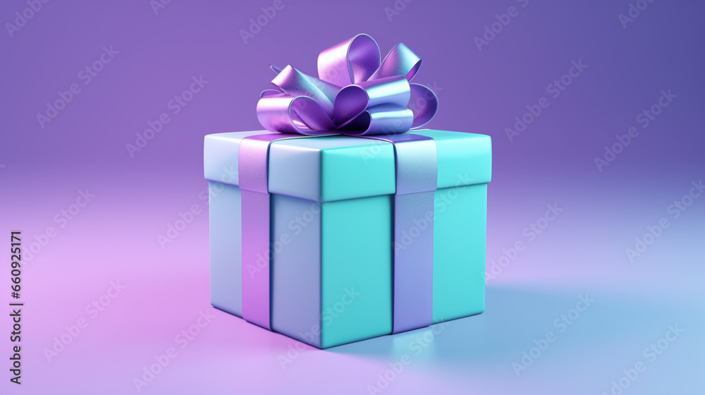 3d Holographic Gift Box on Glowing Background. Present with Bow in Neon Colours. Mock-up Poster, Christmas Birthday New Year Winning Gift Box, 3D Render.