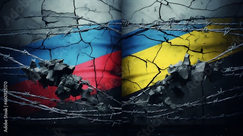 Grunge flags of Russian Federation and Ukraine divided by barb wire illustration, concept of tense relations between Ukraine and Russia photo