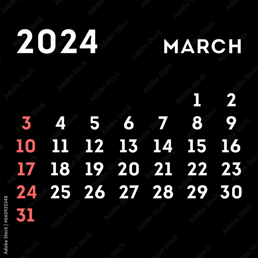 March 2024 month calendar. Vector illustration.
