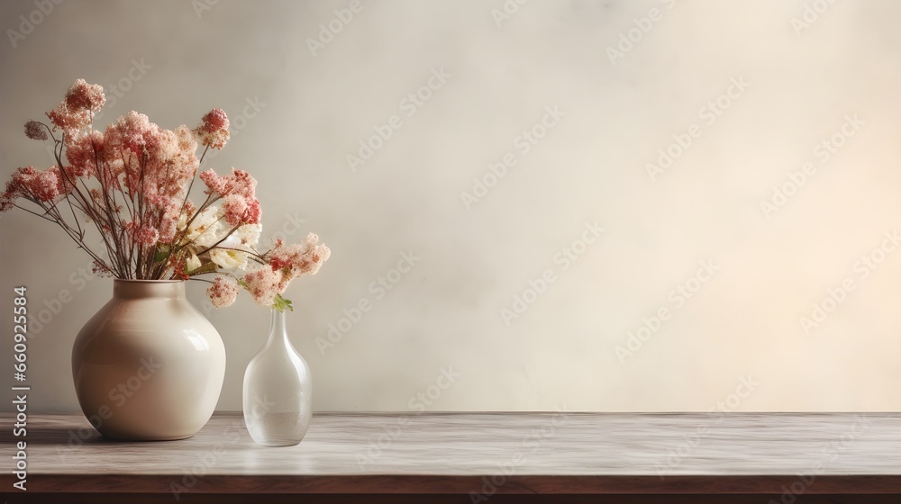 Obraz na płótnie Empty marble table and vase with dry flowers on windowsill background, vase with flowers on the table, flowers in vase w salonie