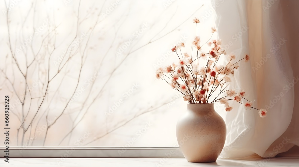 vase with flowers, vase with flowers on the table, Empty marble table  vase with dry flowers on windowsill background