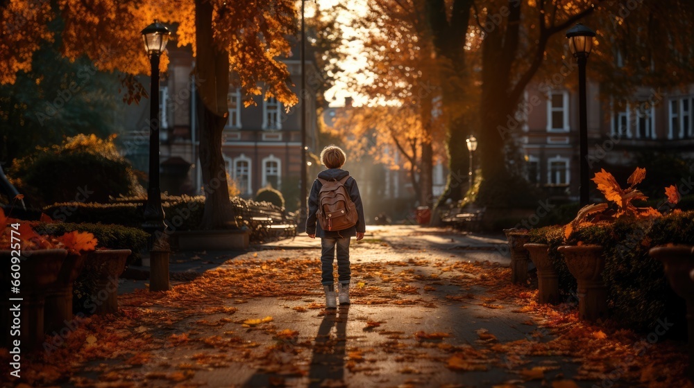 The illustration features a boy walking to school. Generative Ai.