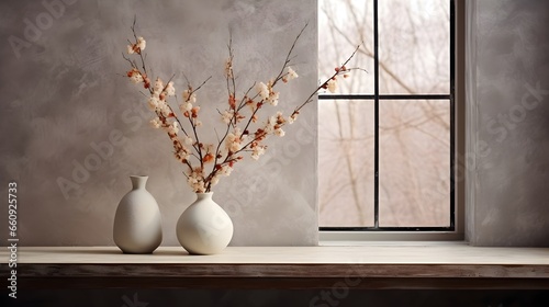 vase with flowers on the table, Empty marble table and vase with dry flowers on windowsill background