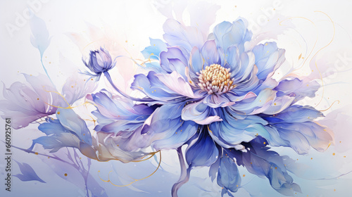 a painting of a blue flower on a white background.   Watercolor Painting of a Green color flower, Perfect for Wall Art.
