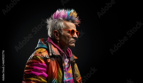 A man exuding a punk-modern vibe, with edgy fashion and attitude, set against a moody dark backdrop. Generative Ai.