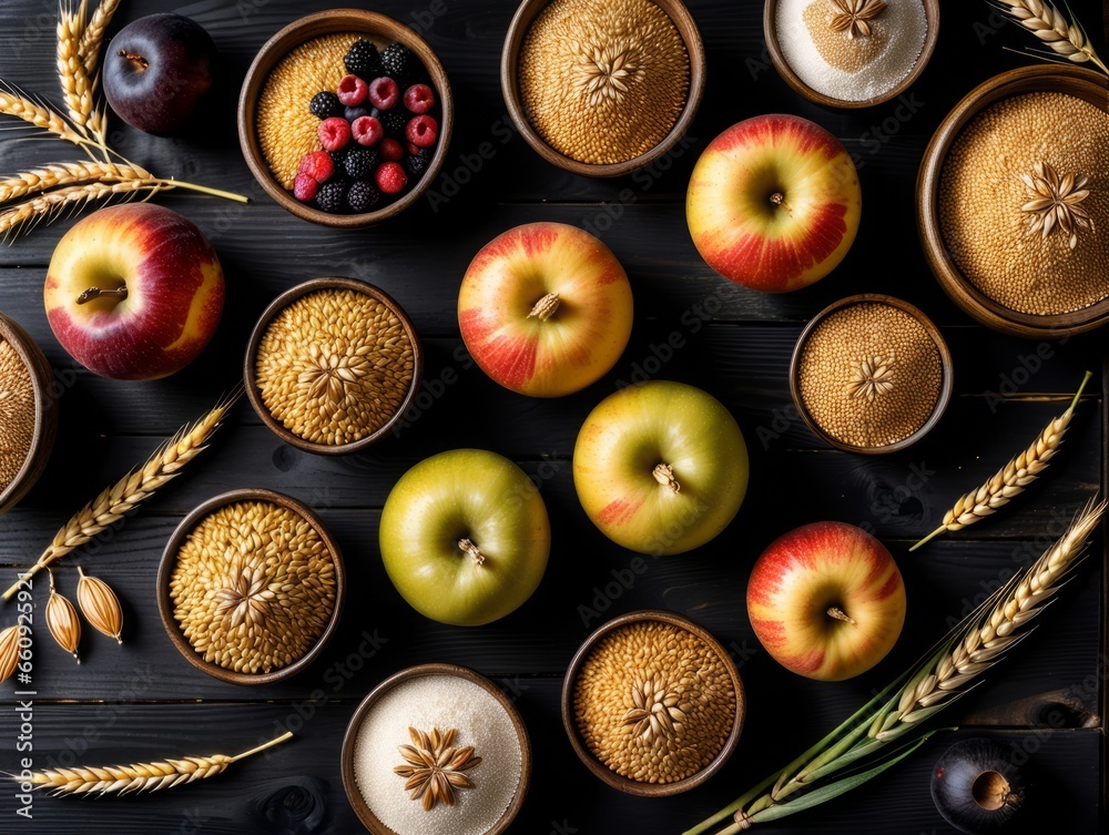 various grains in plates, ears of wheat and apples on a wooden dark table, top view various grains in plates, ears of wheat and apples on a wooden dark table, top view