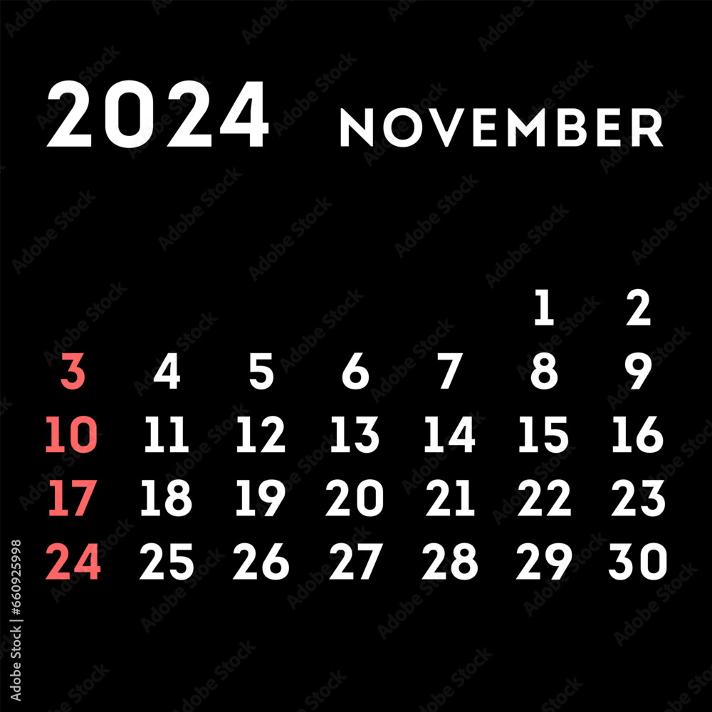 November 2024 month calendar. Vector illustration.