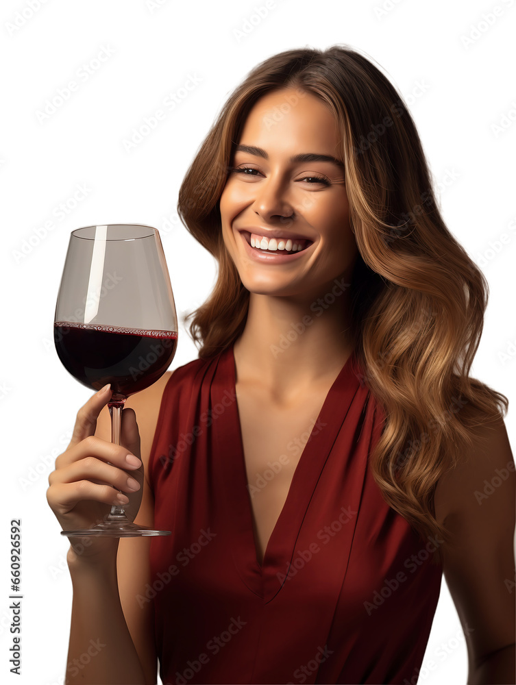 Smiling young woman with a glass of red wine. PNG file. Generative artificial intelligence Smiling young woman with a glass of red wine. PNG file. Generative artificial intelligence