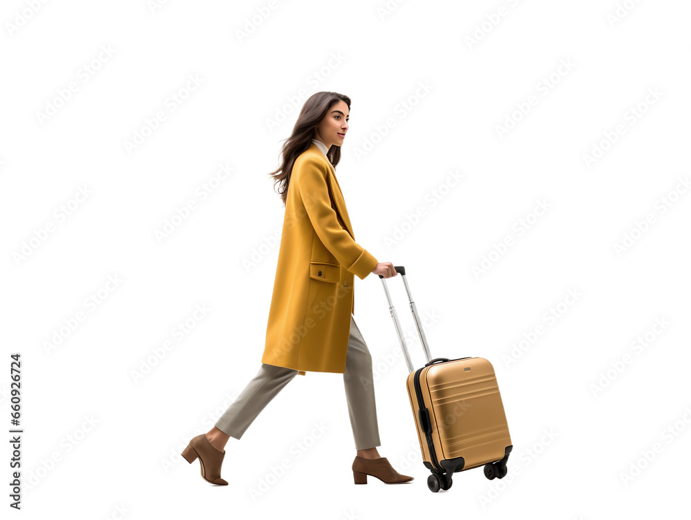 Figure of a young woman walking with a suitcase on a white transparent background. PNG file. Generative artificial intelligence
