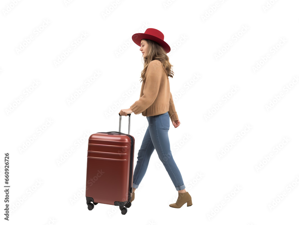 Figure of a young woman walking with a suitcase on a white transparent background. PNG file. Generative artificial intelligence Figure of a young woman walking with a suitcase on a white transparent background. PNG file. Generative artificial intelligence