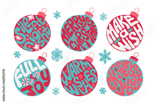 Groovy Christmas colored lettering stickers set in Christmas ball shape. Winter holiday slogans in round shape. Typographic vintage hippie compositions for printouts, stickers, holiday decoration.
