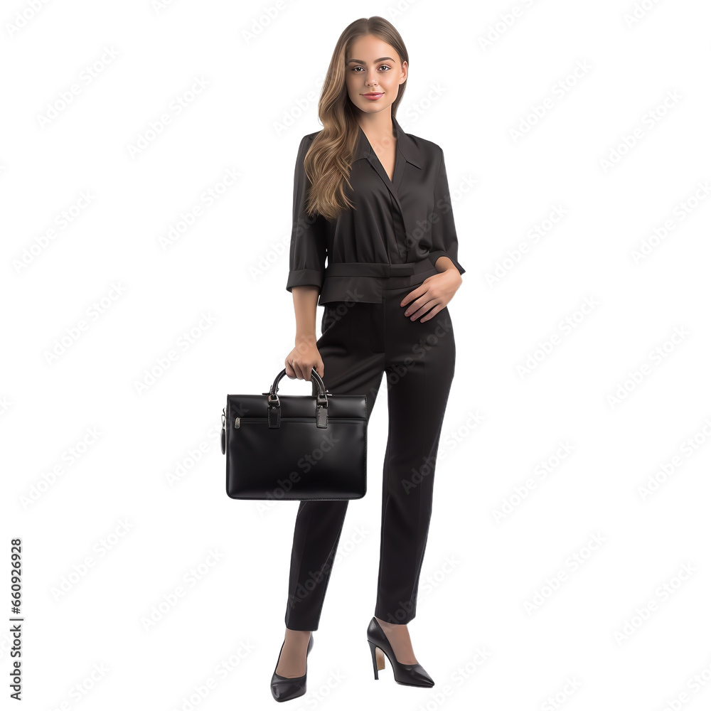 Woman with briefcase. Businesswoman. Figure of a smiling young woman with a briefcase in her hand on a white transparent background. PNG file. Generative artificial intelligence Woman with briefcase. Businesswoman. Figure of a smiling young woman with a briefcase in her hand on a white transparent background. PNG file. Generative artificial intelligence