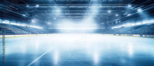 Empty Ice Rink Background. Professional Arena illuminated by lights, spotlights with smoke. Copyspace. Winter poster for hockey competitions. Ice skating. Stadium. Generative ai © Inai