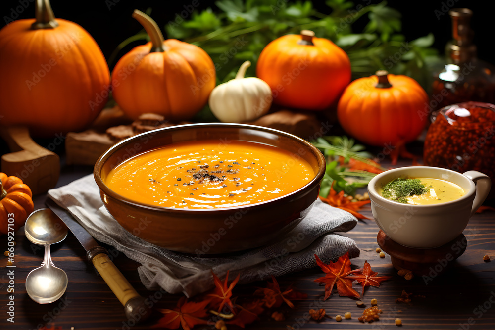 Warm pumpkin soup on table, seasonal food Warm pumpkin soup on table, seasonal food