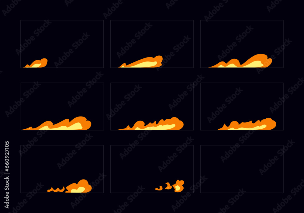 Set of fire flames. Flames sprites frame loop animation for cartoon ...
