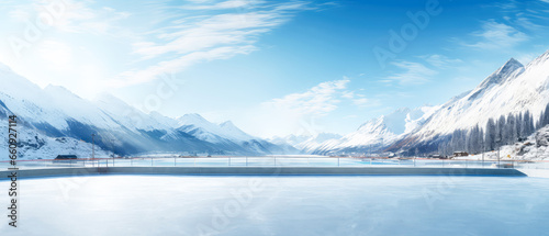 Snowy winter landscape mockup with copy space. panorama of mountains view. Winter holidays illustration. Scenery background . Generative ai 