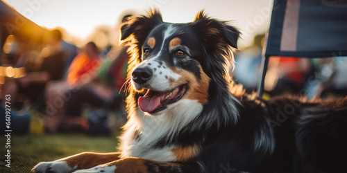 Cute puppy sitting on the grass in a park at sunset © © Ai Factory