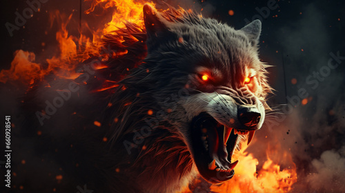Furious wolf in the fire of destruction
