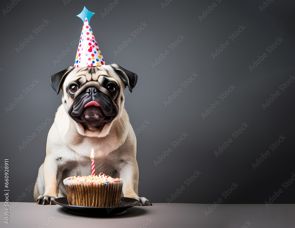 pug dog and black cat with birthday cap on head and cake with candles in front isolated on background,celebrating.funny domestic pets ,happy face,animal with tongue out.generative ai