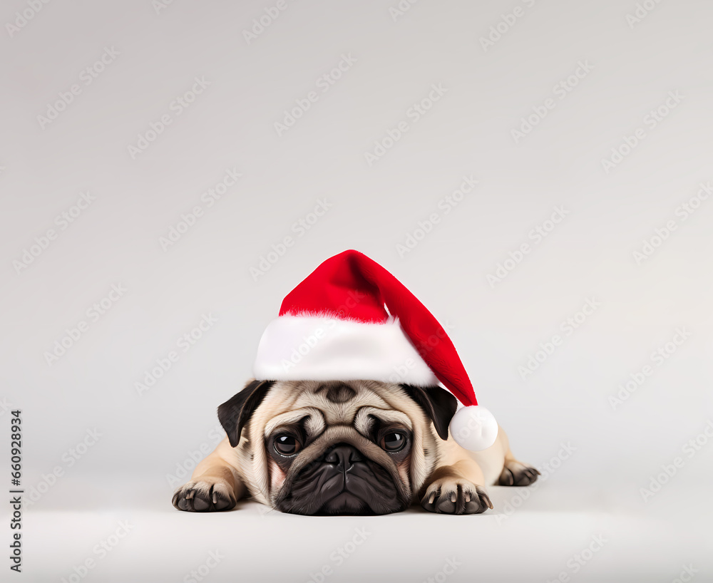 pug dog with santa claus christmas cap isolated on background. happy new year,merry christmas holiday.banner free space for text generative ai 