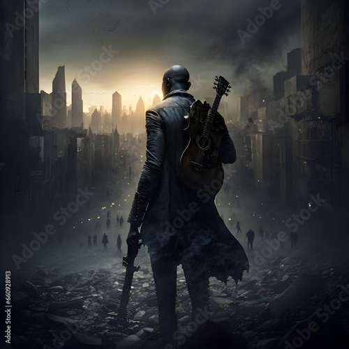 an album cover with an distroyed city in the backgroundapocalypse a man with dark skin in suit and a guitar in one hand is walking in the middel Dark Night Large Window Low Light yper detailed high  photo