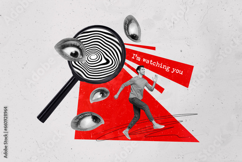 Creative composite abstract photo collage of eyes watching through magnifier frivolous inaccurate man isolated on painted background