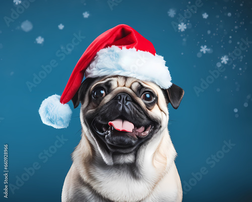 pug dog with santa claus christmas cap isolated on background. happy new year,merry christmas holiday.banner free space for text generative ai  © Dan