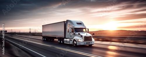 Truck on highway at sunset. Sun dips below horizon casting warm orange glow across open powerful semi-truck loaded with cargo races towards distant photo