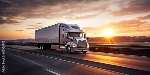 Truck on highway at sunset. Sun dips below horizon casting warm orange glow across open powerful semi-truck loaded with cargo races towards distant