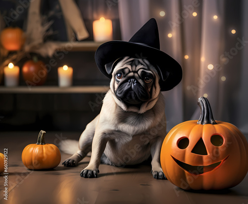 pug dog with witch cap hat and pumpkin isolated or in bedroom, on bed. domestic pet in halloween suit,trick or treat holiday, jack o lantern. generative ai.