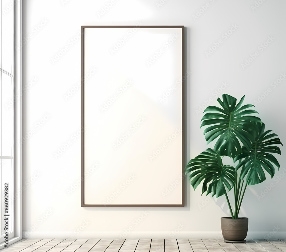 frame on wall with free space for text surrounded by monsters of cactus plants in pots,over bed in bedroom generative ai