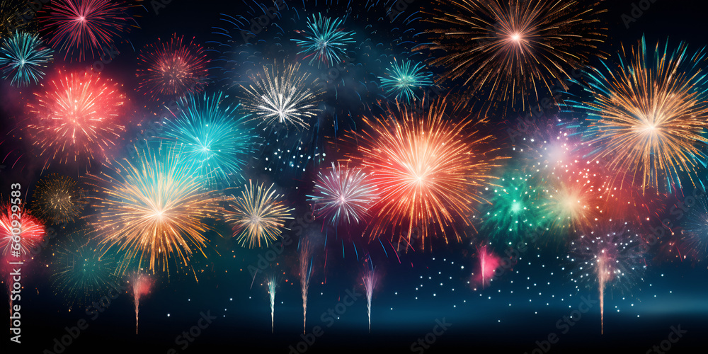  Happy New Year Fireworks Party Bright Night Sky Background Explosive Celebration Night Sky Fireworks. AI Generative
Abstract Sparkling Bokeh with Fireworks Show