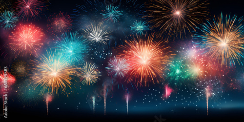  Happy New Year Fireworks Party Bright Night Sky Background Explosive Celebration Night Sky Fireworks. AI Generative Abstract Sparkling Bokeh with Fireworks Show