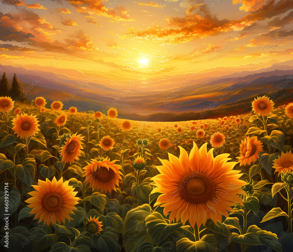 Fototapeta premium sunflower plant in field illustration painted generative ai image close up, sunset time