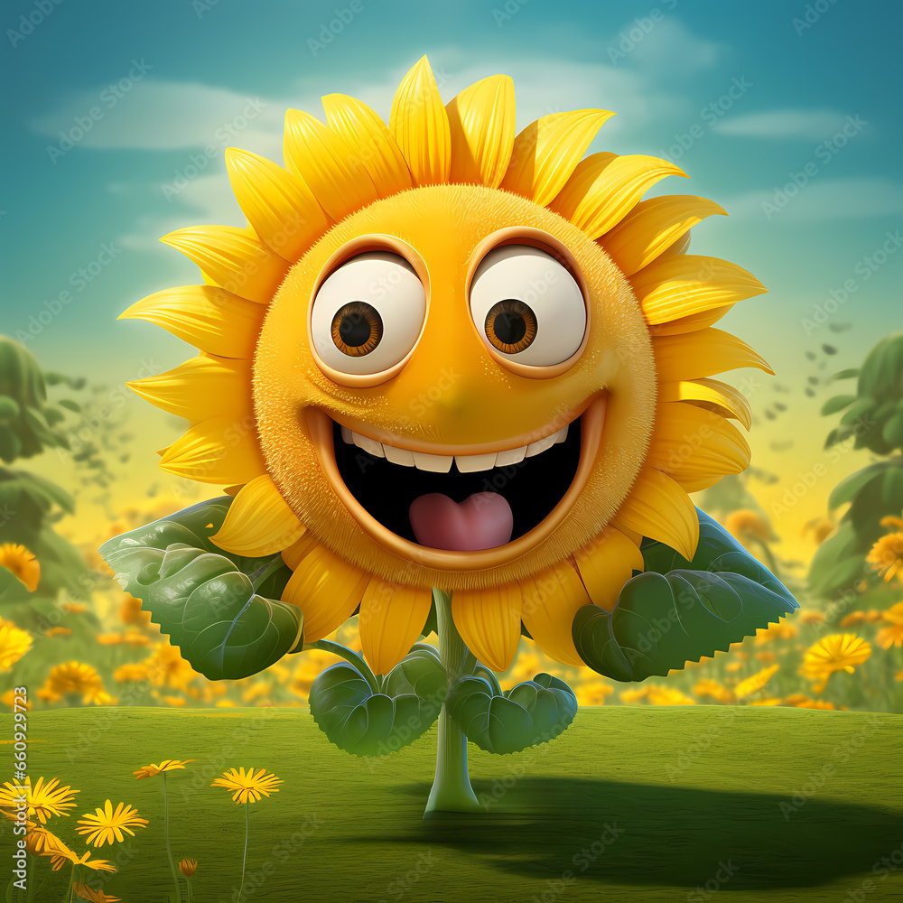 funny sunflower with smiling face isolated or in flowers field. happy plant with mouth and eyes generative ai