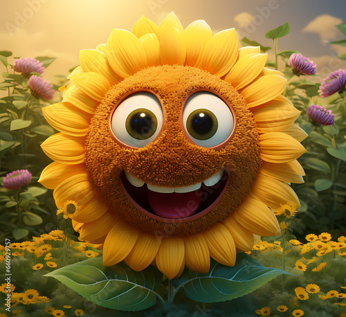 funny sunflower with smiling face isolated or in flowers field. happy plant with mouth and eyes generative ai