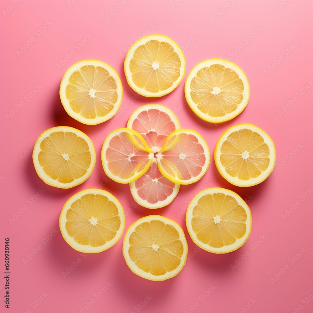 lemon and lime symmetrically arranged on plain background.