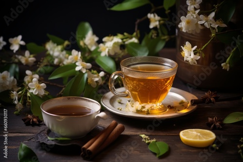 A steaming cup of aromatic Jasmine tea sits on an antique wooden table, surrounded by fresh Jasmine flowers and vintage tea paraphernalia