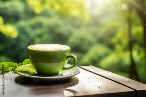 A soothing cup of Green Tea Latte served on a rustic wooden table, bathed in soft morning light with a backdrop of lush greenery