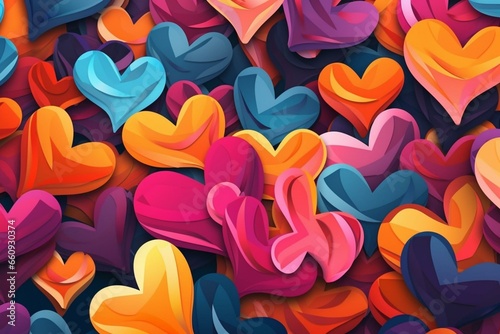 A colorful collection of heart shapes forming an abstract background, representing love. Generative AI