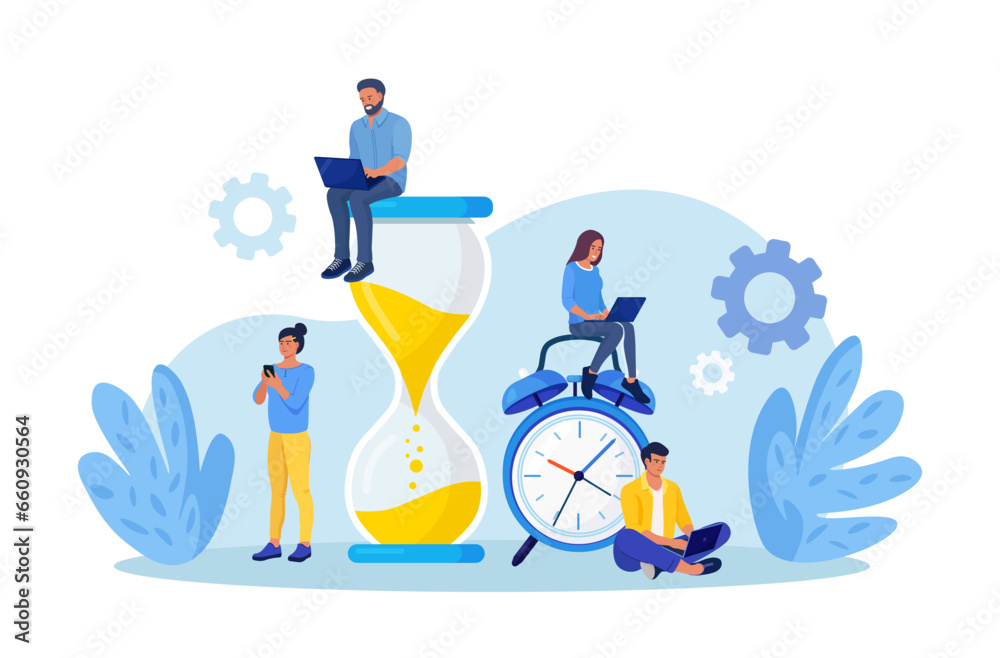 Tiny people and huge hourglass, alarm clock. Team working together. Time management and business planning. Time is money. Deadline. Young employees work near the dial of a large watch Tiny people and huge hourglass, alarm clock. Team working together. Time management and business planning. Time is money. Deadline. Young employees work near the dial of a large watch