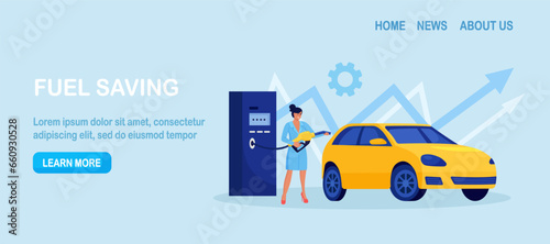 Driver refueling auto at petrol station with fuel gun. High price for car fuel. People wasting money for gasoline. Fuel economy and money savings