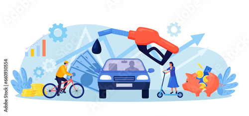 High price for car fuel. People wasting money for gasoline, changing car for bike, scooter. Fuel economy and money savings. Driver refueling auto at gas station with fuel gun