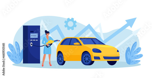 Driver refueling auto at petrol station with fuel gun. High price for car fuel. People wasting money for gasoline. Fuel economy and money savings