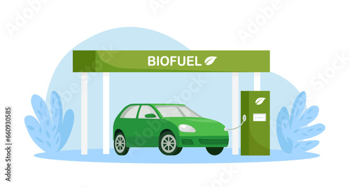 Biofuel petrol refill station with vehicles. Auto fueled with green gas. Alternative energy. Environment without greenhouse gases and CO2 emissions © buravleva_stock
