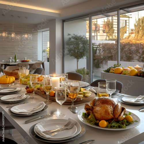 thanksgiving table with turkey wine and other dishes modern kitchen interior with window view to garden or city. generative ai,realistic