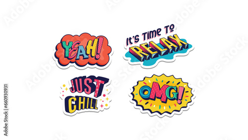 Funny cute comic badges. Set of Various Patches, pins, stickers. Different Phrases and words. Trendy Vector illustrations. Cartoon style. Cool typography.