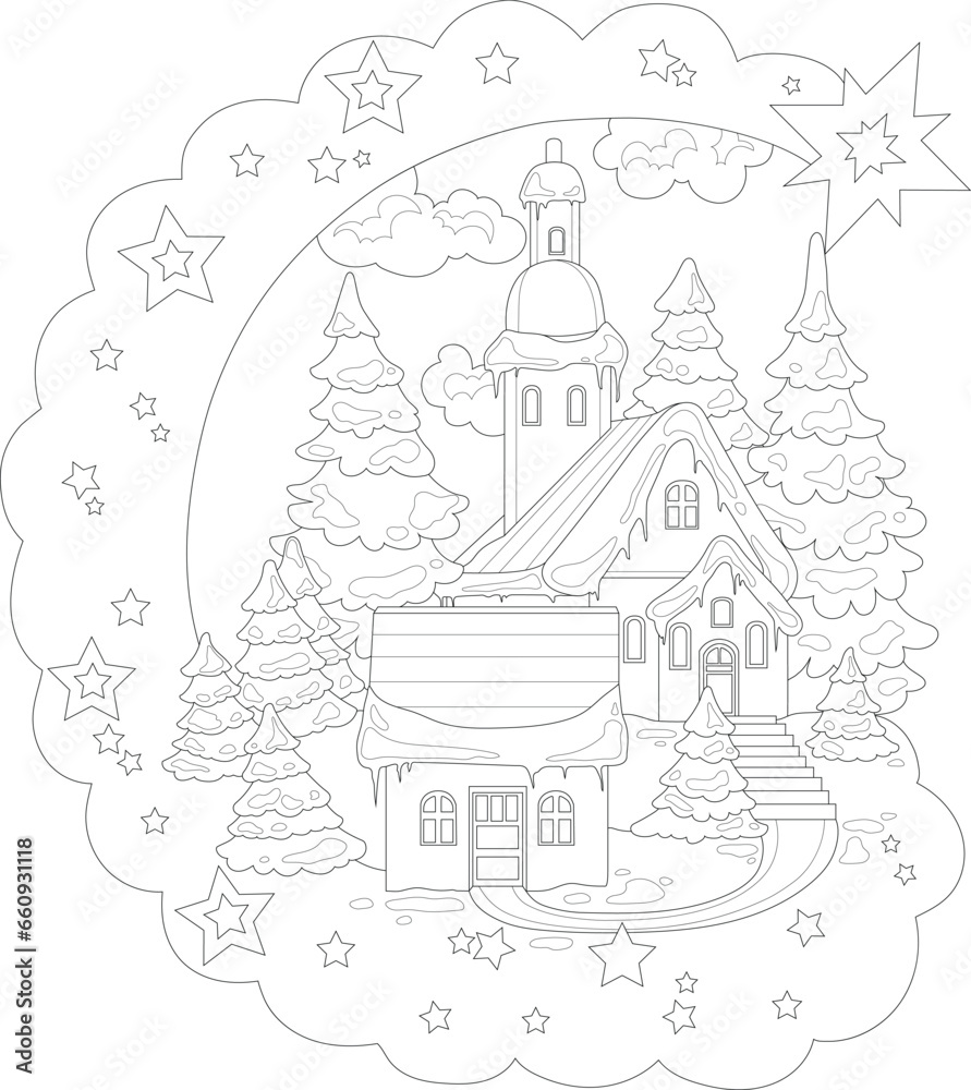 Cartoon Christmas village in snow with trees and stars sketch template. Winter vector illustration of houses in black and white for games, background, pattern, decor. Coloring paper, page, story book.