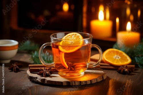 A steaming cup of homemade orange peel tea sits on a rustic wooden table, surrounded by fresh orange peels and a cozy, warm atmosphere